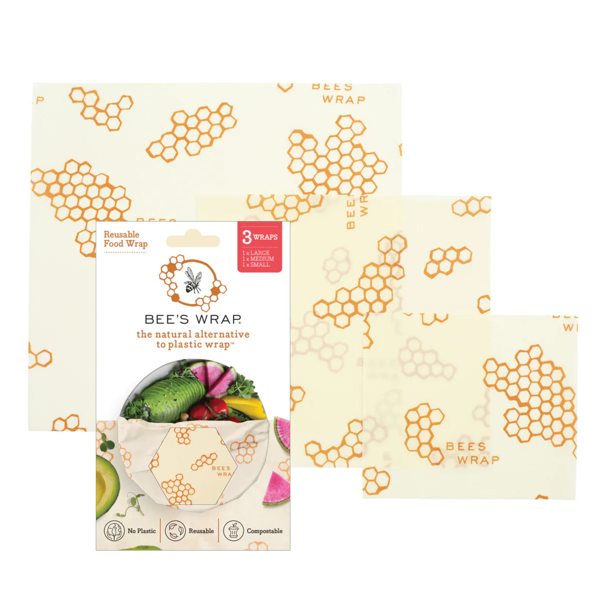 Bee's Wrap® Original Print Honeycomb Yellow Assorted 3 Pack Reusable Food Wraps