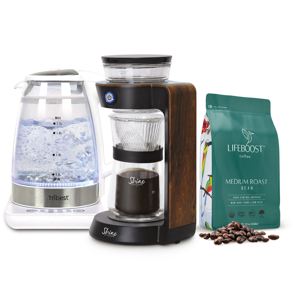 Shine Kitchen Co.® Automatic Pour Over Coffee Machine, Kettle, and Lifeboost Coffee Bundle
