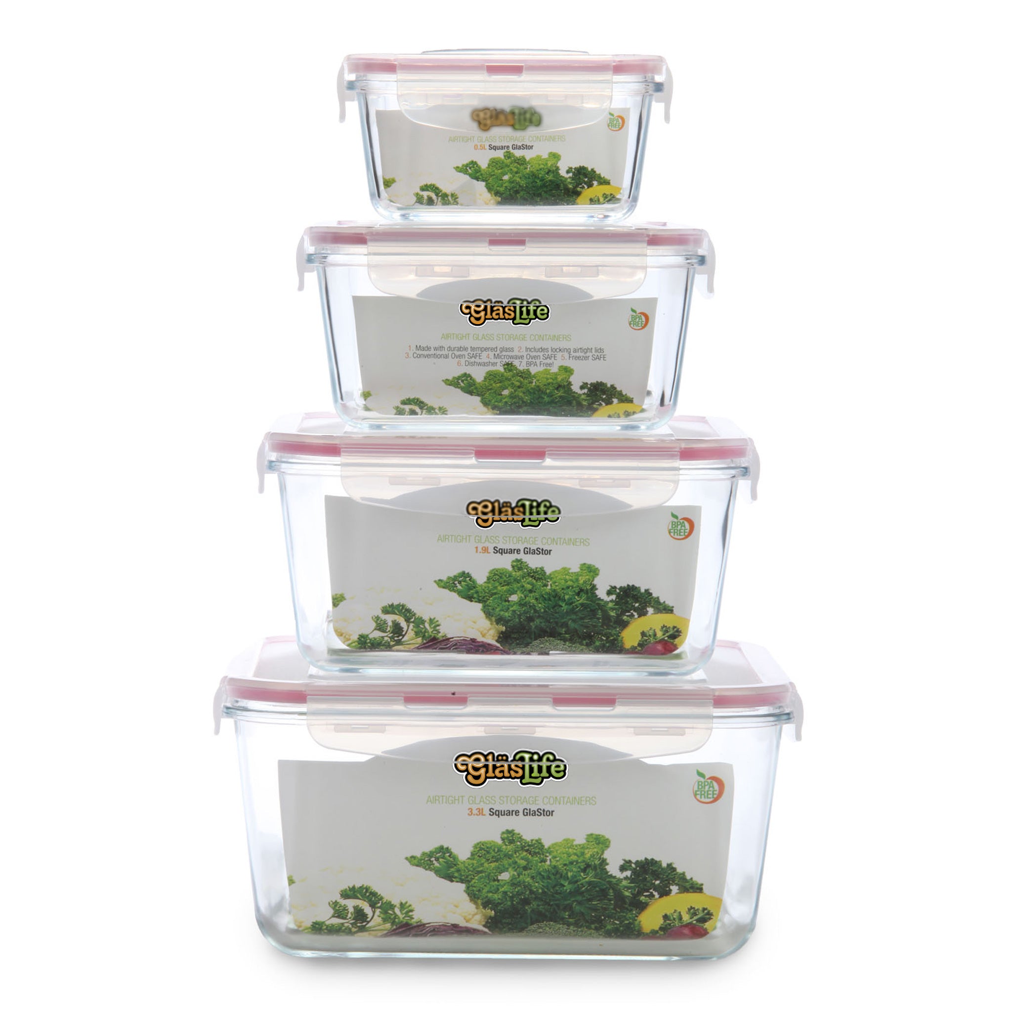 Set of 3 Square Glass Food Containers 1.1 L with Airtight Lid for Microwaves