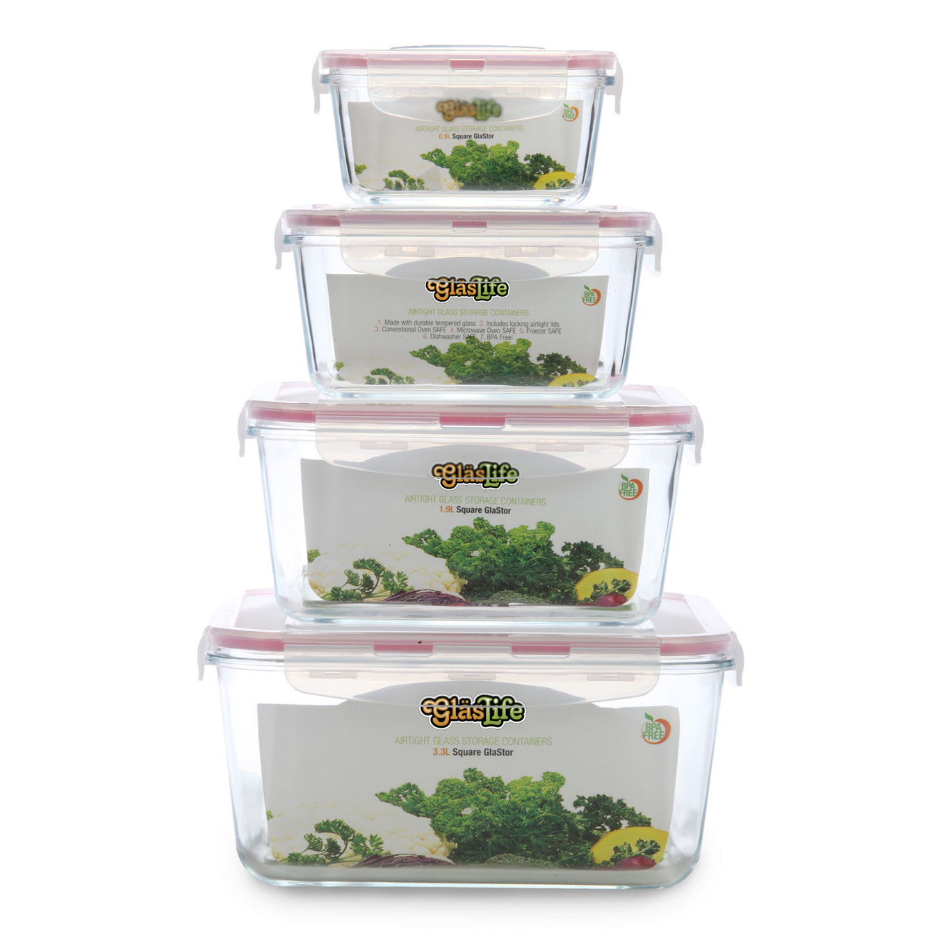 GlasLife® Air-Tight Glass Storage Container - 4 Piece Square Set GLS04SN 4-Piece Set